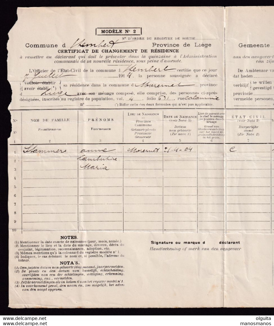 DDBB 618 - CANTONS DE L'EST MORESNET - Certificat De Changement De Résidence De STEMBERT 1914 Vers MORESNET Neutre - Franchise