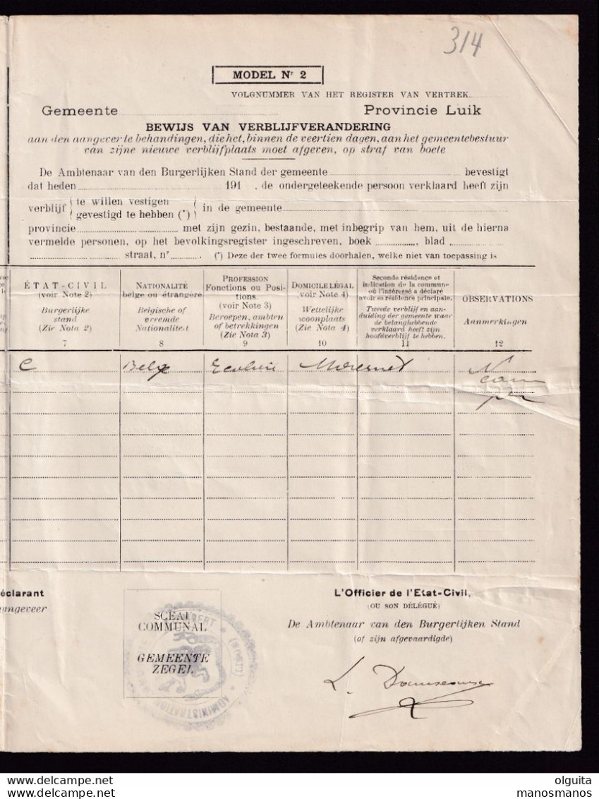 DDBB 618 - CANTONS DE L'EST MORESNET - Certificat De Changement De Résidence De STEMBERT 1914 Vers MORESNET Neutre - Zonder Portkosten