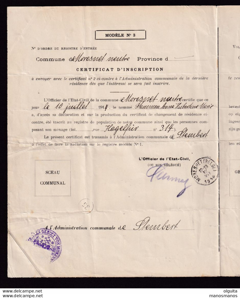 DDBB 618 - CANTONS DE L'EST MORESNET - Certificat De Changement De Résidence De STEMBERT 1914 Vers MORESNET Neutre - Zonder Portkosten