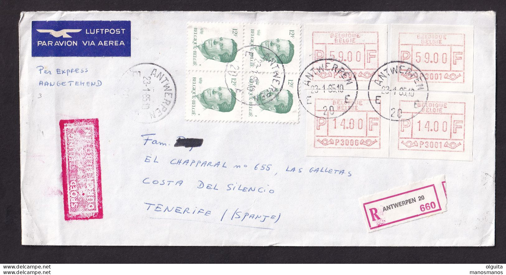 38/968 - Enveloppe Recommandée ANTWERPEN 1985 Vers TENERIFE -  MIXTE TP Velghe + Etiquettes ATM - Réellement Circulée - Briefe U. Dokumente