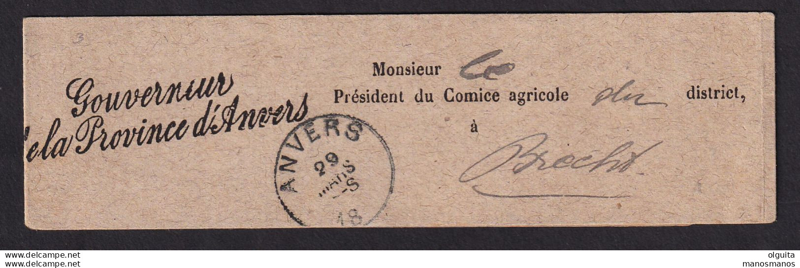 670/38 -- Les IMPRIMES - Bande D' ANVERS Vers BRECHT 1890 (?) - Griffe De Franchise Gouverneur De La Province D'Anvers - Franchise