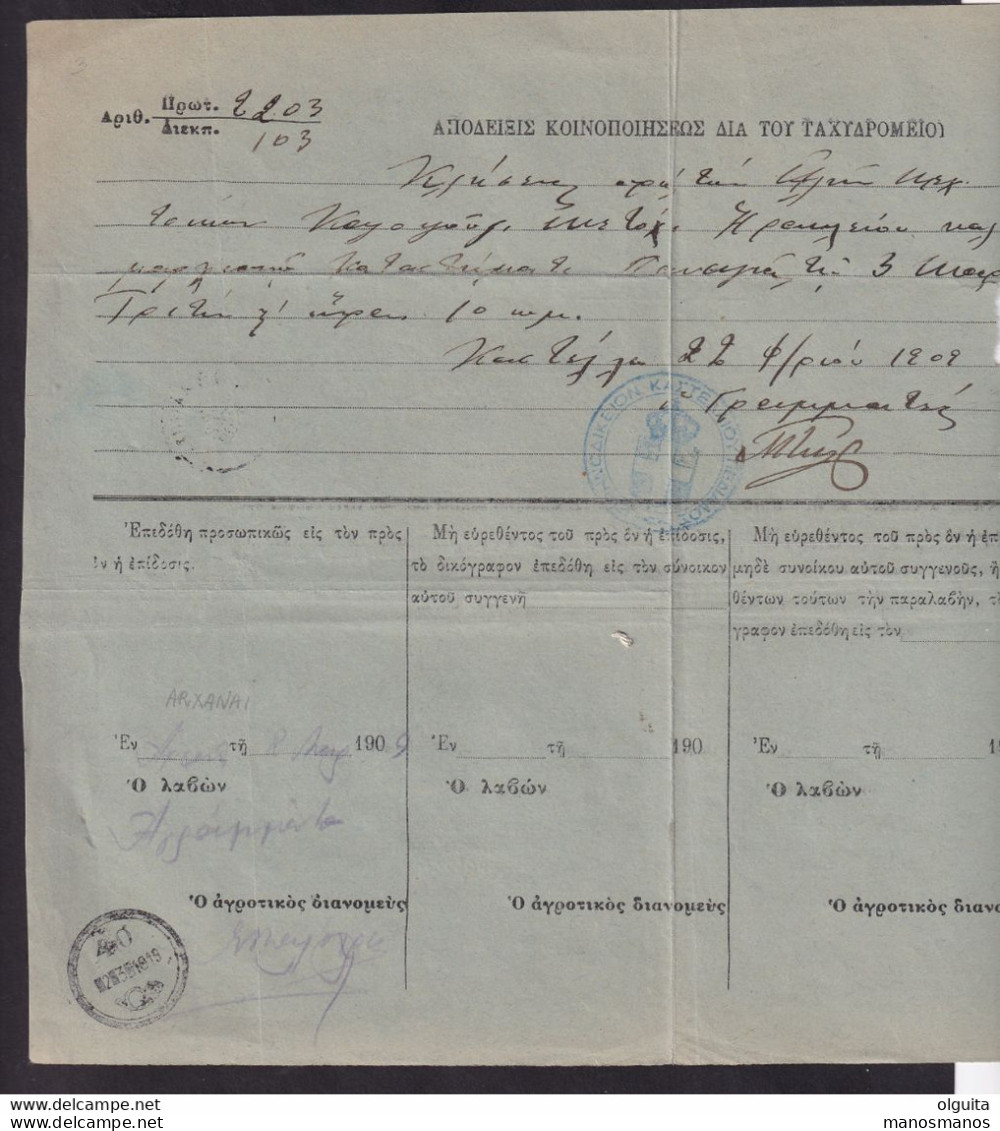 DDCC 250 - CRETE RURAL Posthorn Cancels - Nr 40 From ARXANAI On 1909 Judicial Document - Crète