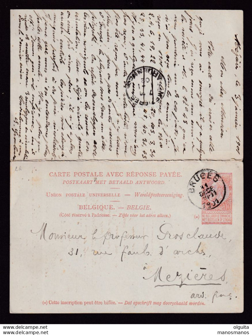 DDDD 184 -- Entier Fine Barbe Double Avec Réponse BRUGES 1901 Vers MEZIERES Ardennes Et Retour Vers BRUGES - Postkarten 1871-1909