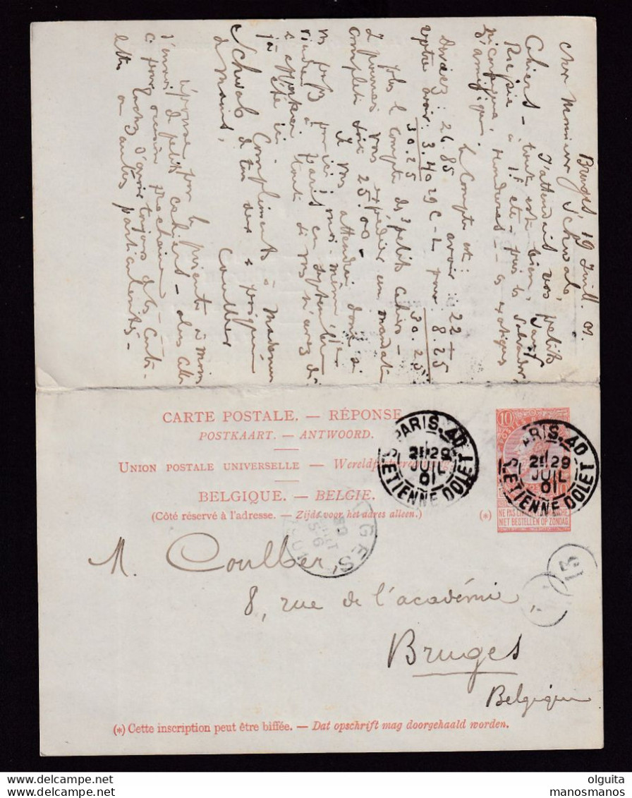 DDDD 185 -- Entier Fine Barbe Double Avec Réponse BRUGES Station Départ 1901 Vers PARIS Et Retour Vers BRUGES - Postkarten 1871-1909