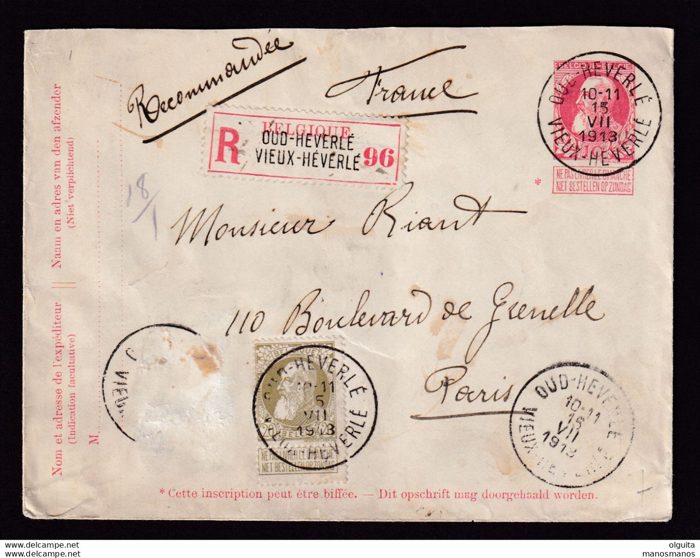 DDDD 182 -- Entier Enveloppe Grosse Barbe + TP Dito (1 Timbre Manque) Recommandée T4R OUD HEVERLEE 1912 - Enveloppes