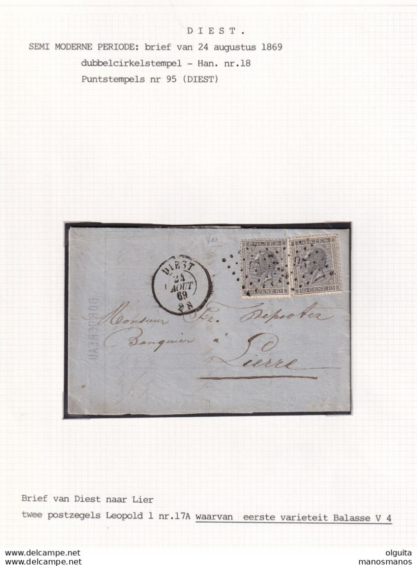 DDCC 969 -- Collection DIEST - Enveloppe 2 X TP 17 Cachet à Points 95 DIEST 1868 - Entete Banque Versluysen  - 1 Variété - 1865-1866 Profil Gauche