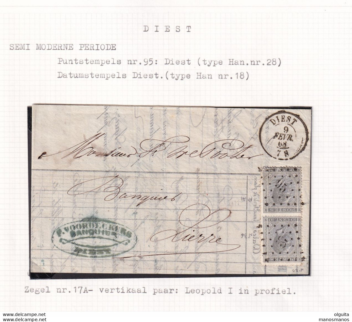 DDCC 968 -- Collection DIEST - Enveloppe Paire TP 17 Cachet à Points 95 DIEST 1868 - Cachet Banquier Voordeckers - 1865-1866 Profil Gauche