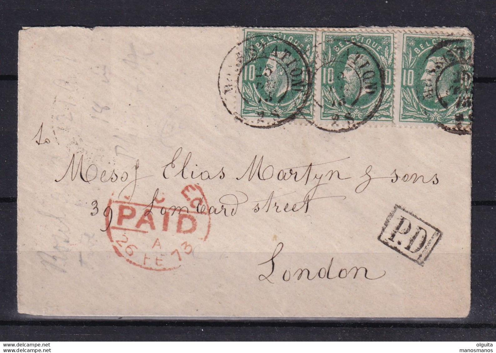 DDCC 933 - Enveloppe TP 30 X 3 Double Cercle MONS Station 1873 Vers LONDON - Verso ANGLETERRE Par OUEST I - Transit Offices