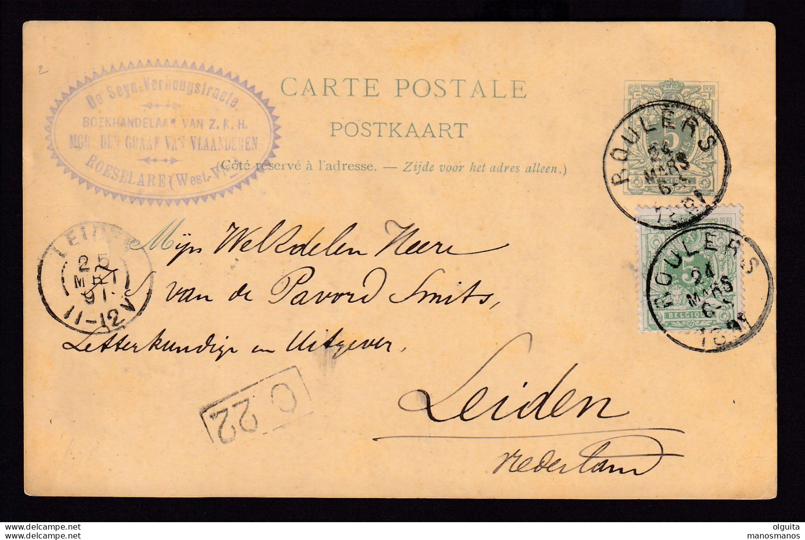 DDEE 364  - Entier Lion Couché + TP Dito ROULERS 1891 Vers LEIDEN - Cachet Boekhandelaar De Seyn-Verhougstraete - Briefkaarten 1871-1909