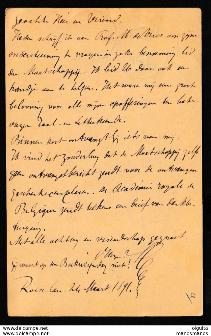 DDEE 364  - Entier Lion Couché + TP Dito ROULERS 1891 Vers LEIDEN - Cachet Boekhandelaar De Seyn-Verhougstraete - Postcards 1871-1909