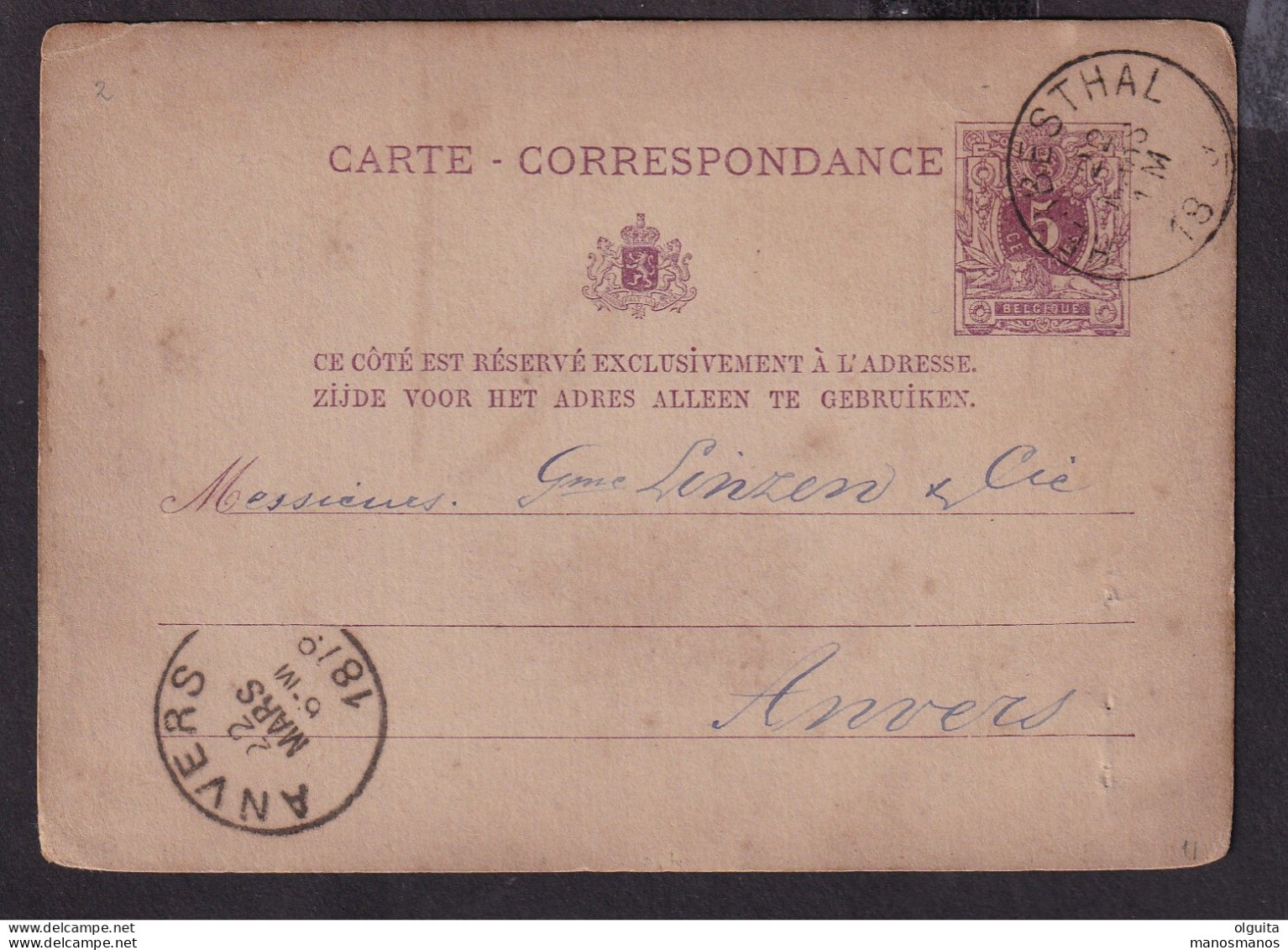 DDEE 388  - CANTONS DE L'EST - Entier Lion Couché HERBESTHAL 1879 Vers Anvers - Cartes Postales 1871-1909