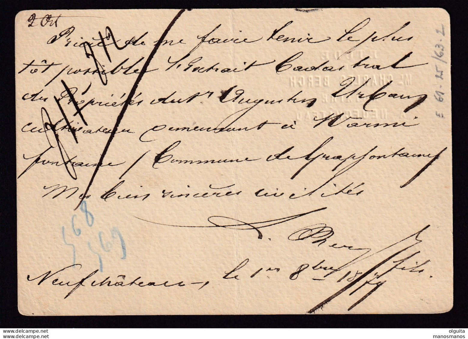 DDEE 359  - Entier Postal Lion Couché NEUFCHATEAU 1879 - Boite Urbaine Parallélogramme MG - Cachet Du Notaire Berch - Rural Post