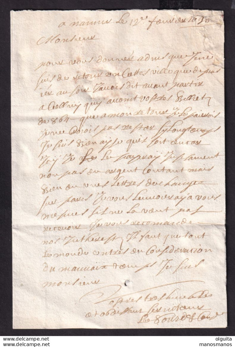 DDEE 347  - Lettre Précurseur NAMUR 12-2-1695 (Occupation Française) Vers REIMS - Port 4 Sols - 1621-1713 (Pays-Bas Espagnols)