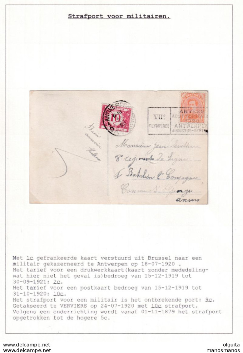 219/39 - Carte TP Petit Albert 1 C Cachet Mécanique VIIè Olympiade ANVERS 1920 - Taxée 10 C à ANTWERPEN - Verano 1920: Amberes (Anvers)