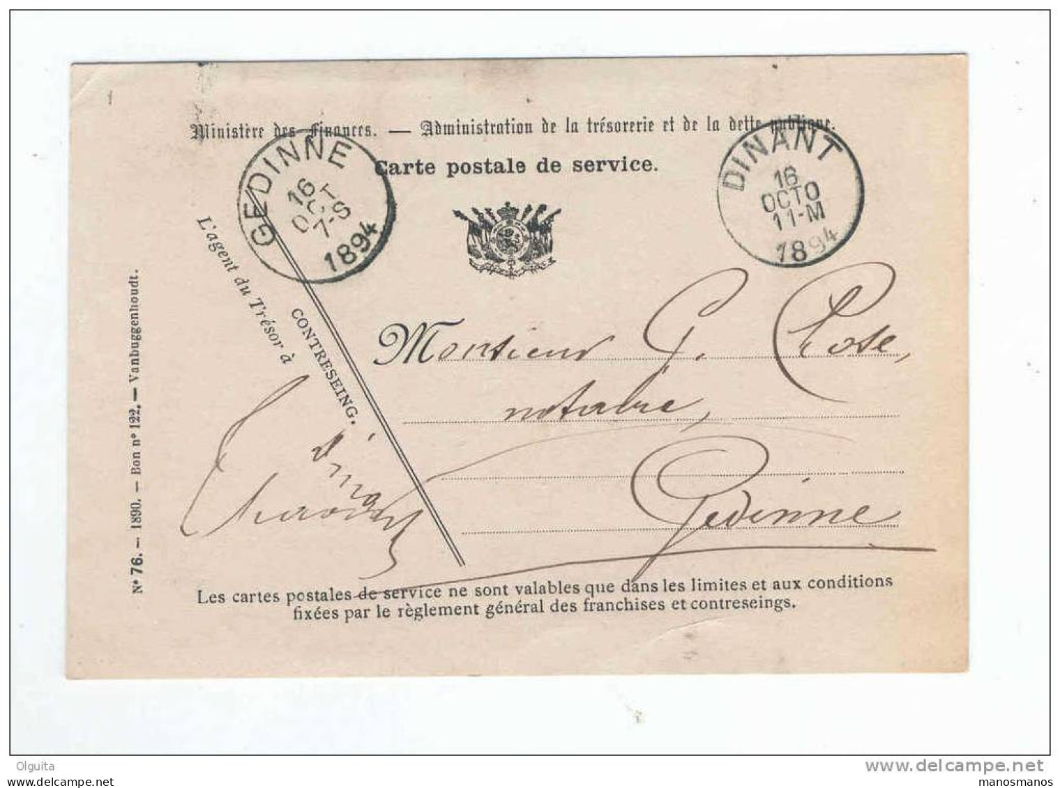 Carte De Service En FRANCHISE Ministère Des Finances - DINANT 1894 Vers Notaire Close à GEDINNE  --  B1/429 - Franquicia