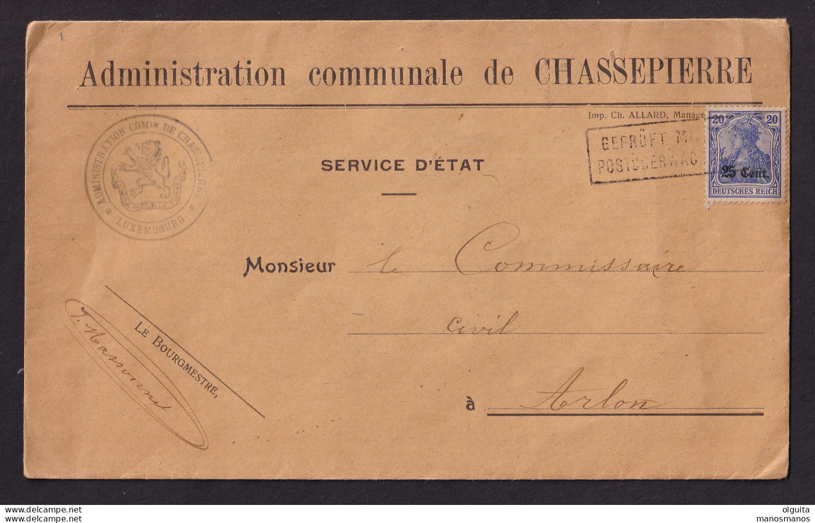 DDDD 896 - Enveloppe + Cachet Administration Communale De CHASSEPIERRE - TP Germania Etapes Du Luxembourg Vers ARLON - OC26/37 Staging Zone