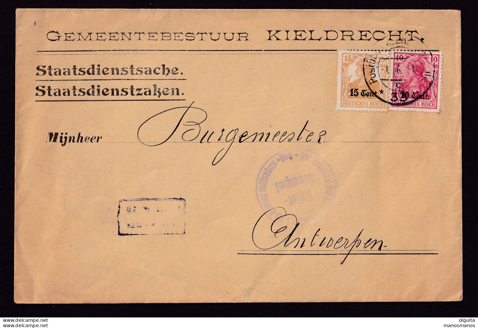 DDDD 893 - Enveloppe Gemeentebestuur KIELDRECHT TP Germania PUWST Gent 1918 - Cachet President Der Zivilverwaltung - OC26/37 Etappengebied.
