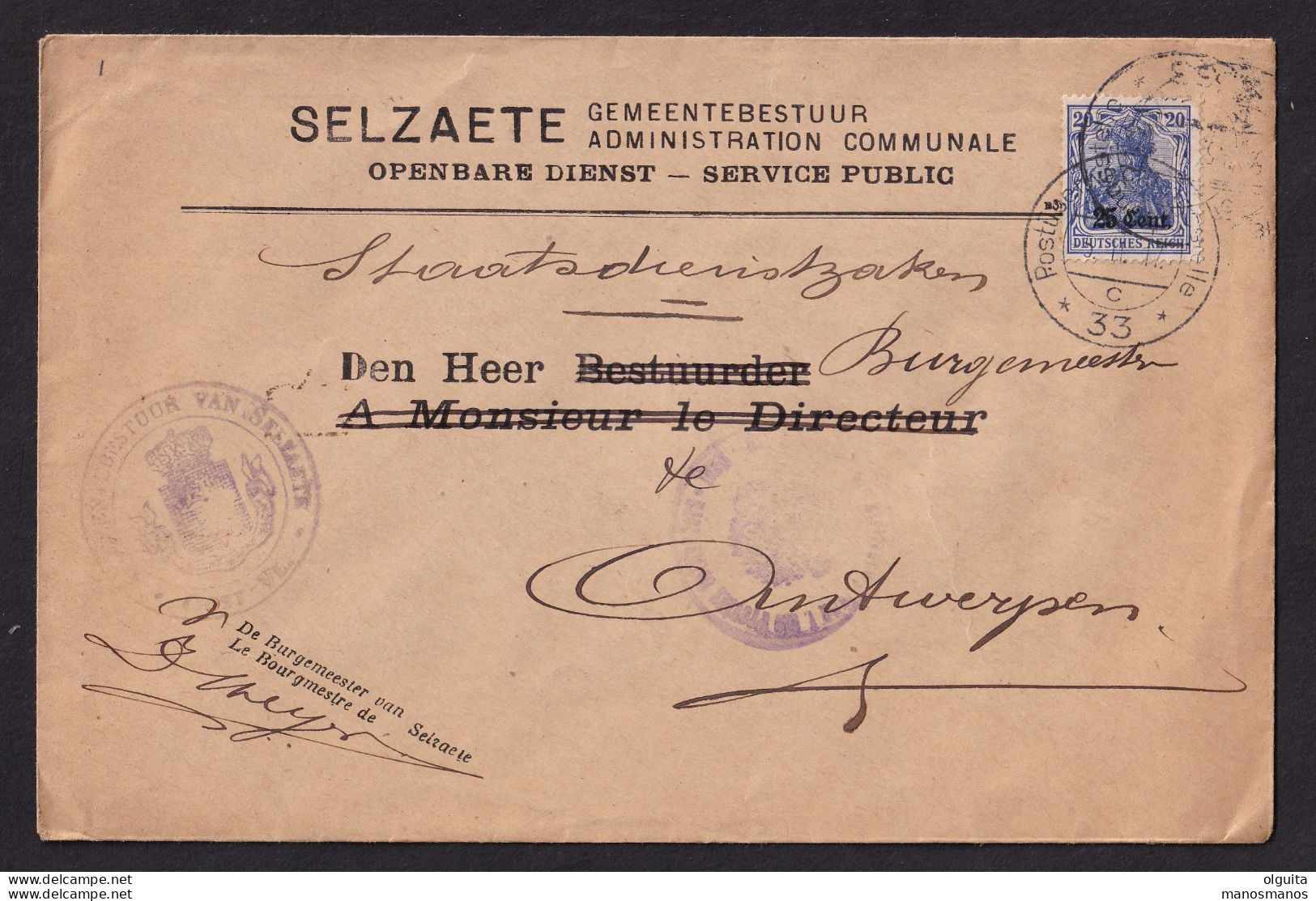 DDDD 895 - Enveloppe Gemeentebestuur SELZAETE TP Germania PUWST Gent 1917 - Cachet President Der Zivilverwaltung - OC26/37 Territori Tappe