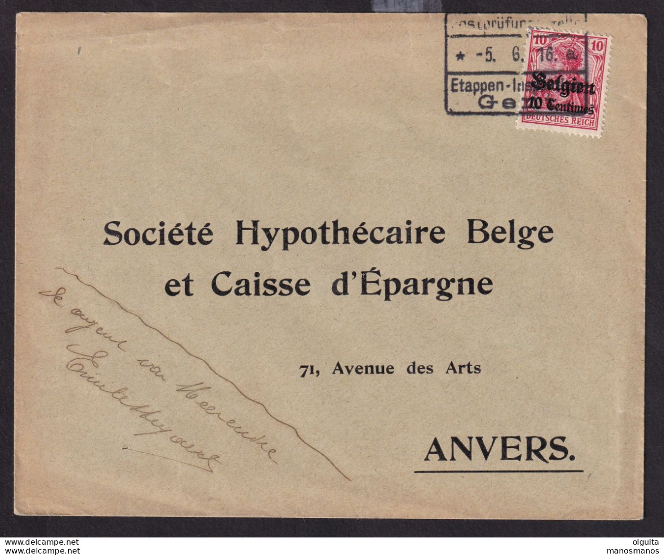 DDDD 891 - Enveloppe MEERENDRE (vandaag NEVELE) TP Germania Etapes Gent 1916 Vers Anvers - OC26/37 Etappengebied.