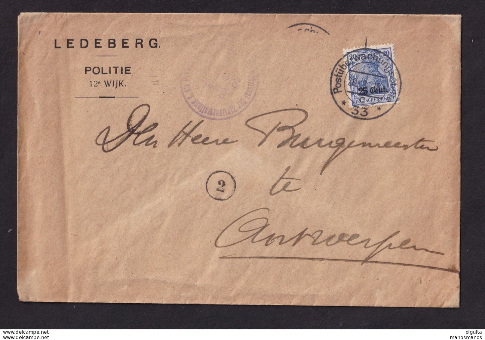 DDDD 894 - Enveloppe Politie LEDEBERG TP Germania PUWST Gent 1918 - Cachet President Der Zivilverwaltung - OC26/37 Territoire Des Etapes