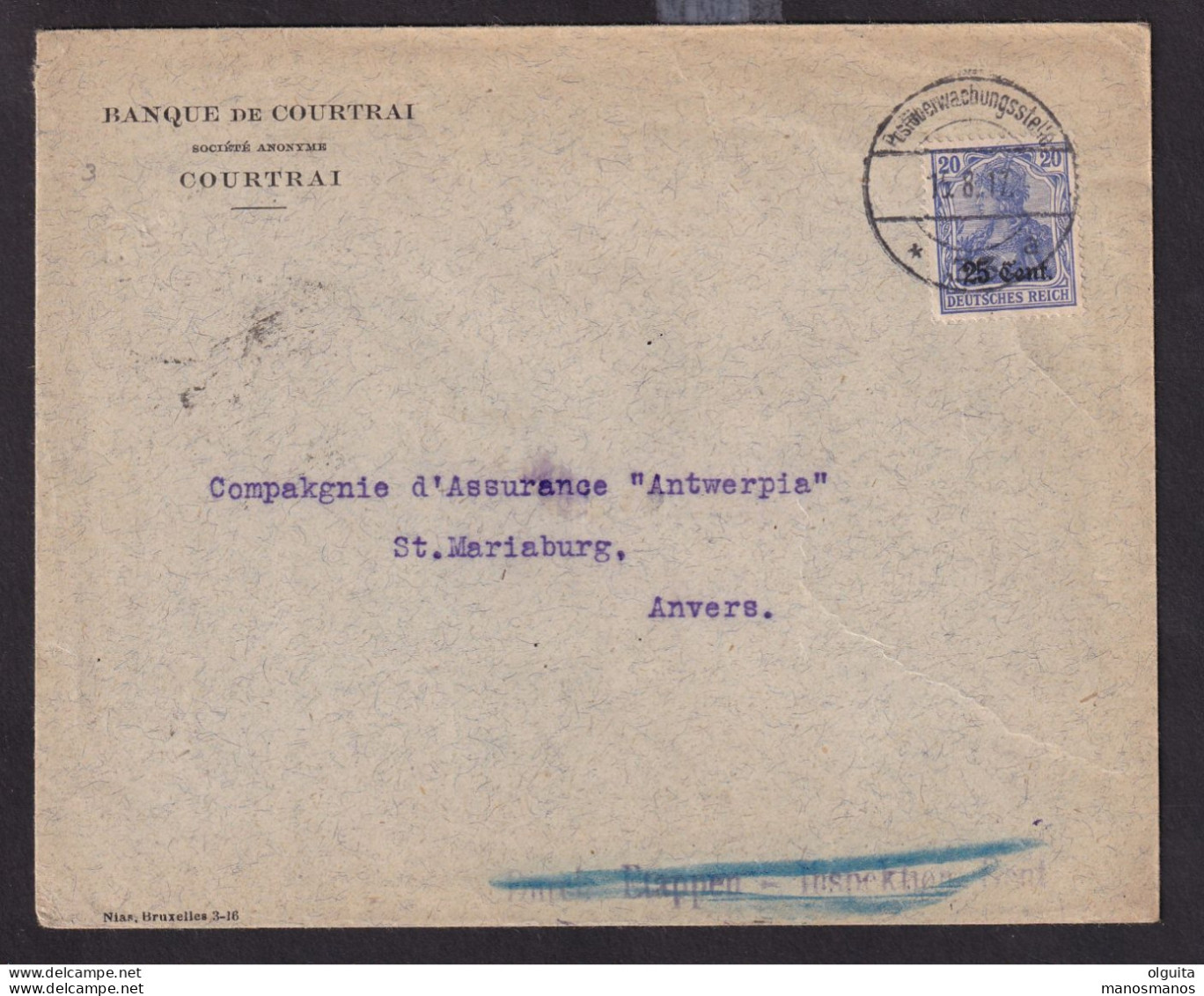 DDDD 885 - Enveloppe COURTRAI TP Germania PUWST 33 GENT 1917 Vers Eekeren  - Entete Banque De Courtrai S.A. - OC26/37 Etappengebied.