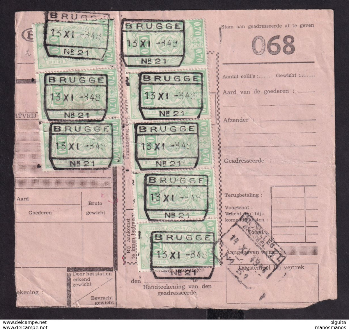 067/39 - Gare De BRUGGE BRUGES -  1 Bulletin D'Expédition 10 TP Armes Du Royaume 1948 + 1 TP Ouvriers Vers AALST OOST - Documenti & Frammenti