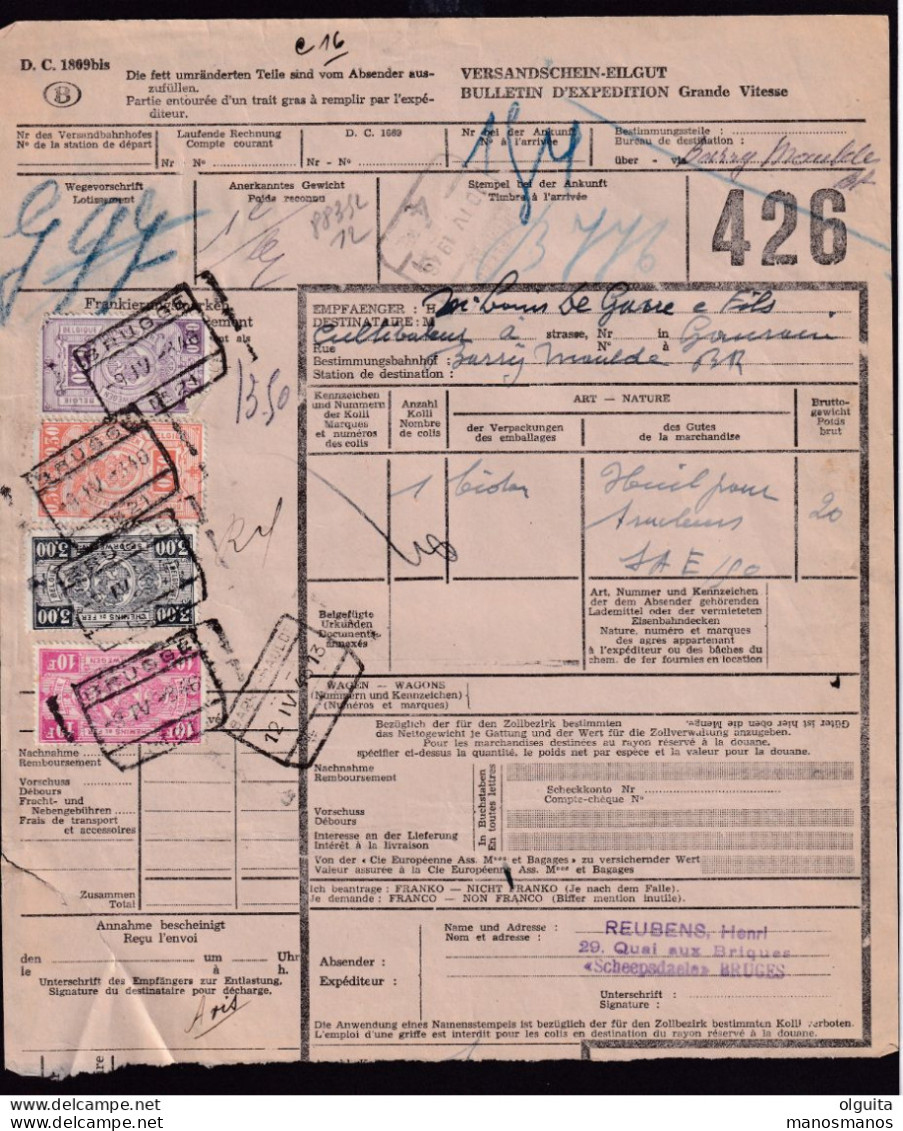 065/39 - Gare De BRUGGE BRUGES - 4 Bulletins D' Expédition Et 1 Fragment TP Armes Du Royaume  1927/1946 - Documenti & Frammenti