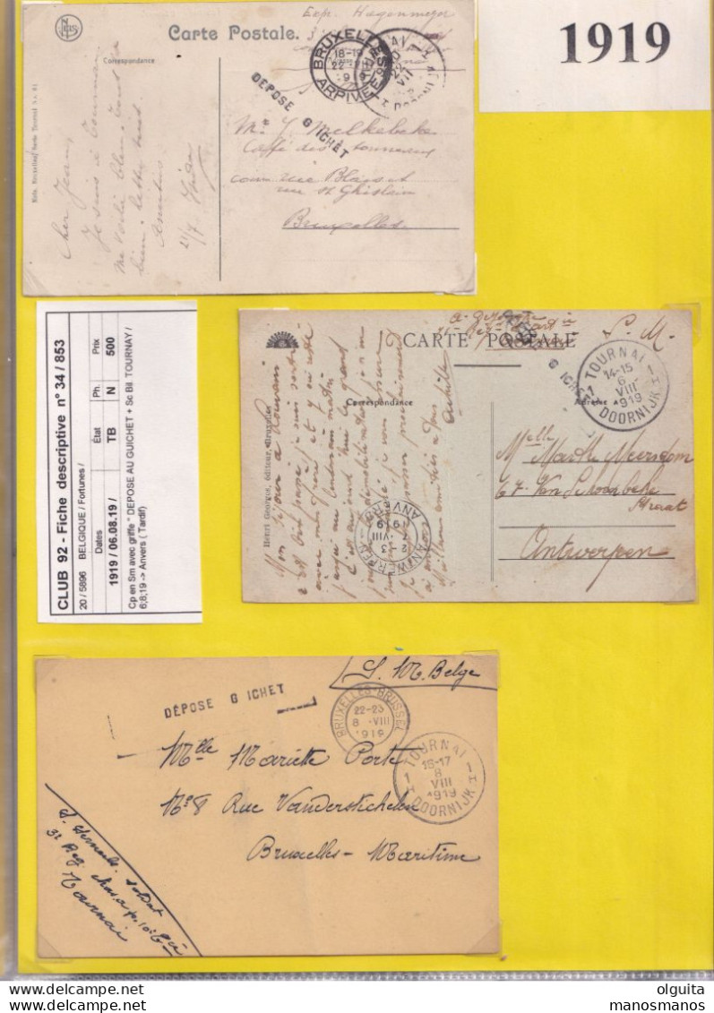 DDEE 746 - Collection de Cachets de FORTUNE de TOURNAI 1918/1919 - TB ensemble de 15 documents + divers