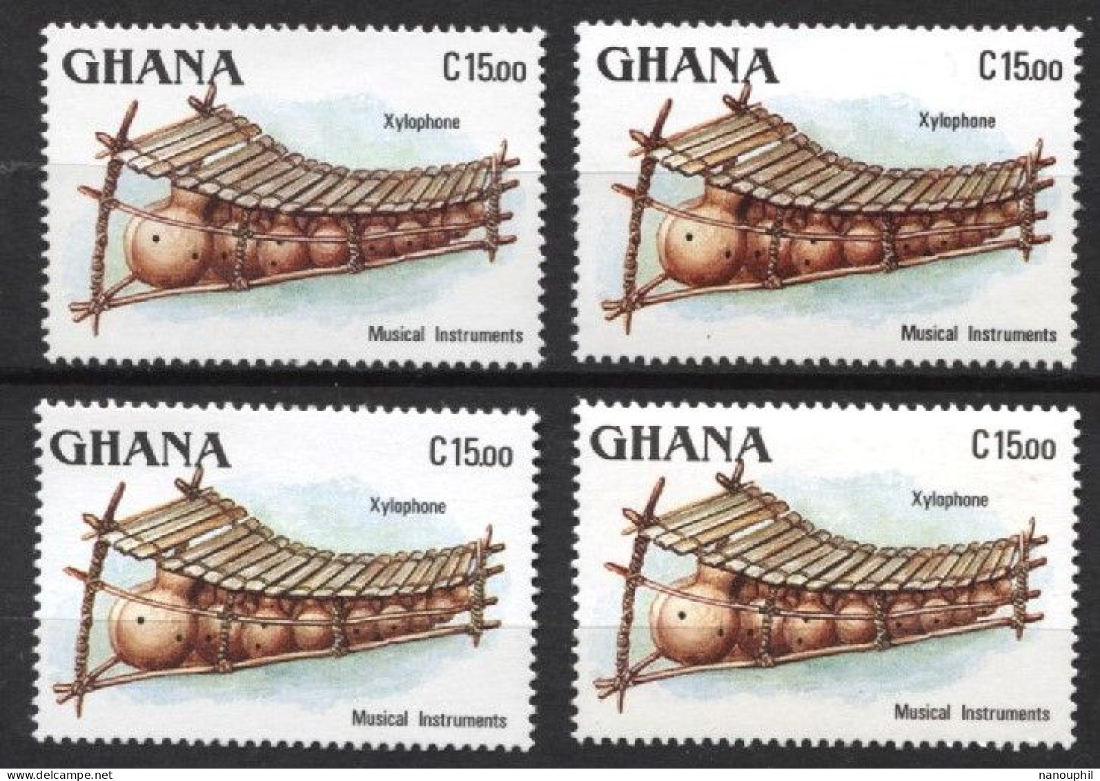 AFRIQUE  GHANA  1987    INSTRUMENTS MUSICAL   VAL. C.15.00   BLOC X 4 TIMBRES    SEPARES    NEUFS - Ghana (1957-...)