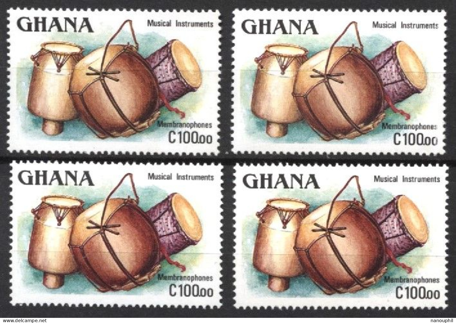 AFRIQUE  GHANA  1987    INSTRUMENTS MUSICAL   VAL. C.100.00   BLOC X 4 TIMBRES    SEPARES    NEUFS - Ghana (1957-...)