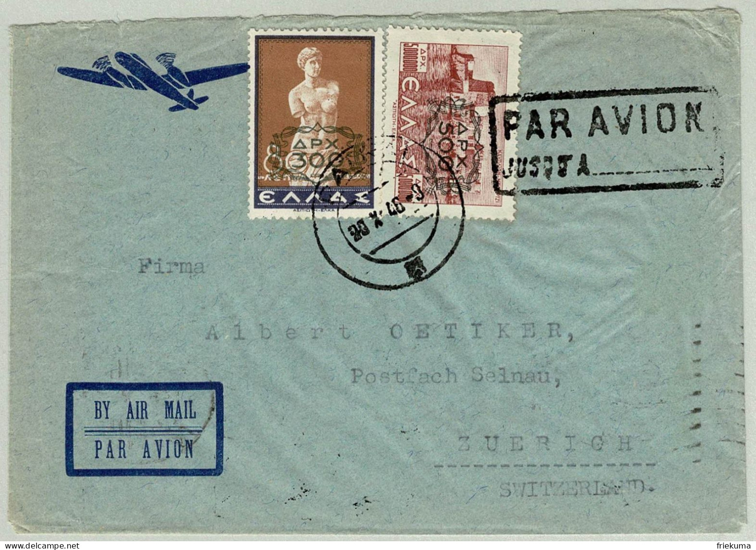 Griechenland / Hellas 1946, Luftpostbrief Patras - Zürich (Schweiz) - Briefe U. Dokumente