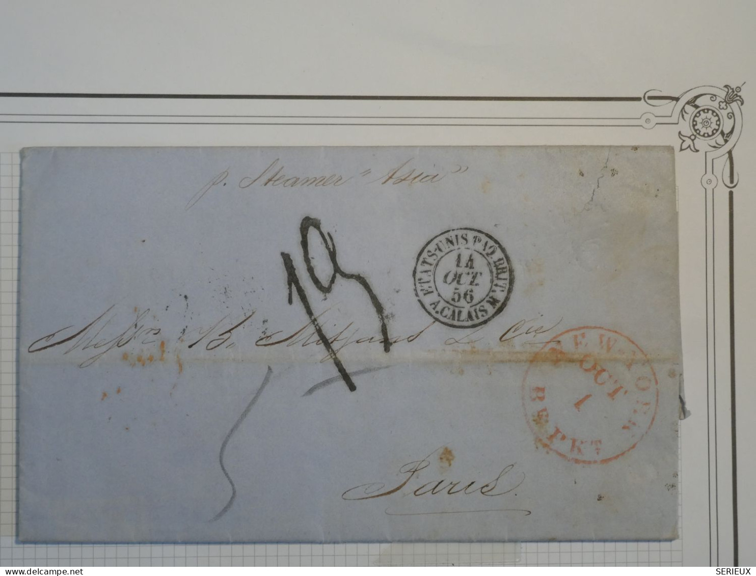 DF 12  CUBA  BELLE  LETTRE  RARE 1856 PAR STEAMER " ASIA" LA HAVANE  VIA ETATS UNIS  POUR PARIS+++++  AFF.  INTERESSANT+ - Prephilately