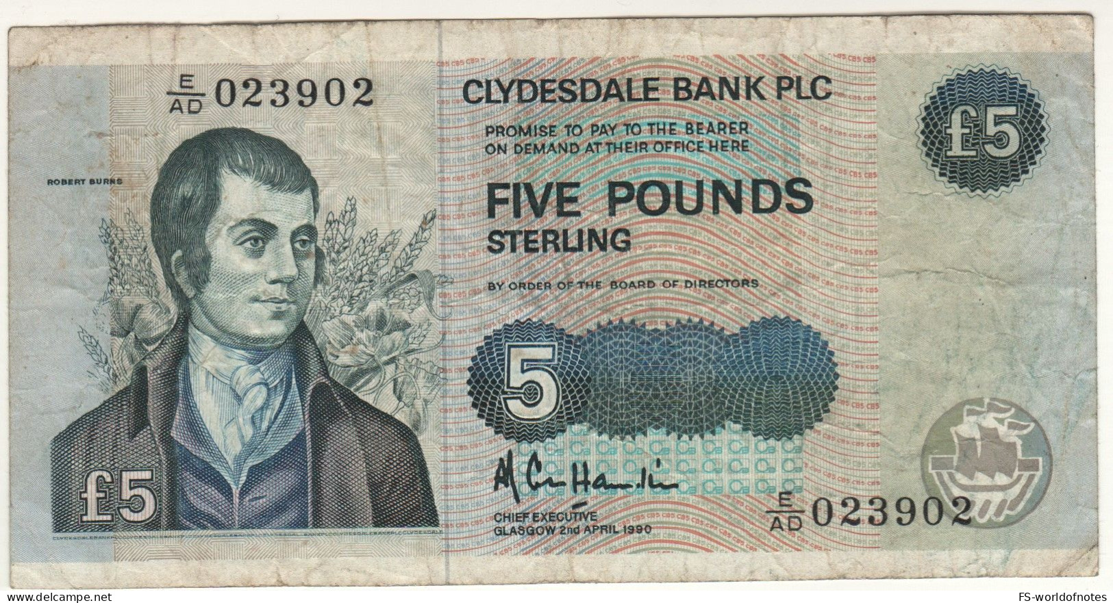 SCOTLAND  5 Pounds  Clydesdale Bank PLC   P218a  Dated 2 April 1990 ( Robert Burns + Mouse & Rose At Back ) - 5 Pond