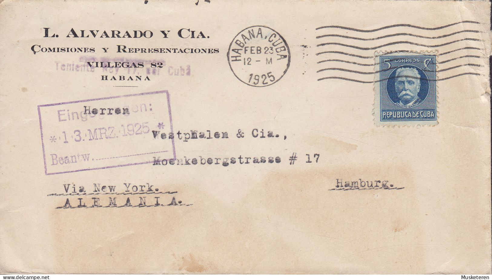 L. ALVARADO Y Cia. Comisiones Y Representaciones HABANA 1925 Cover Letra HAMBURG Germany Calixto Garcia - Lettres & Documents