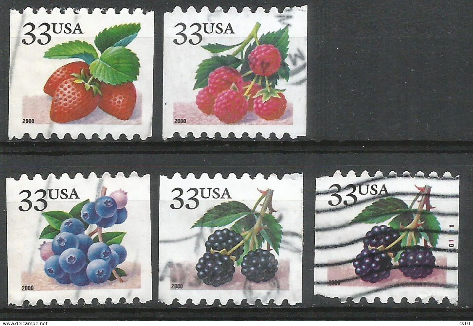 USA 2000 Fruit Berries Vertical Coil P.8.5 - SC# 3404/7 - Cpl 4v Set + BlackBerry 3406 With P#G1111 - Used - Full Years