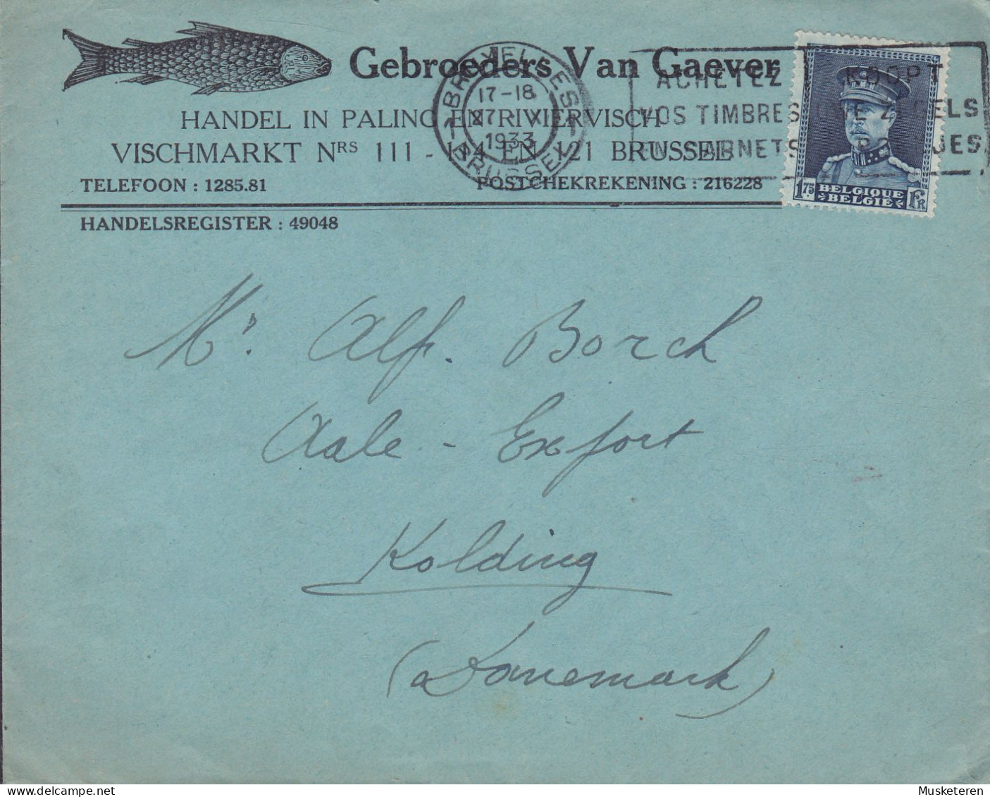 Belgium GEBROEDERS VAN GAEVER Vischmarkt (Fish Market) BRUXELLES 1933 Cover Brief KOLDING Denmark Big Montenez - 1929-1941 Grand Montenez