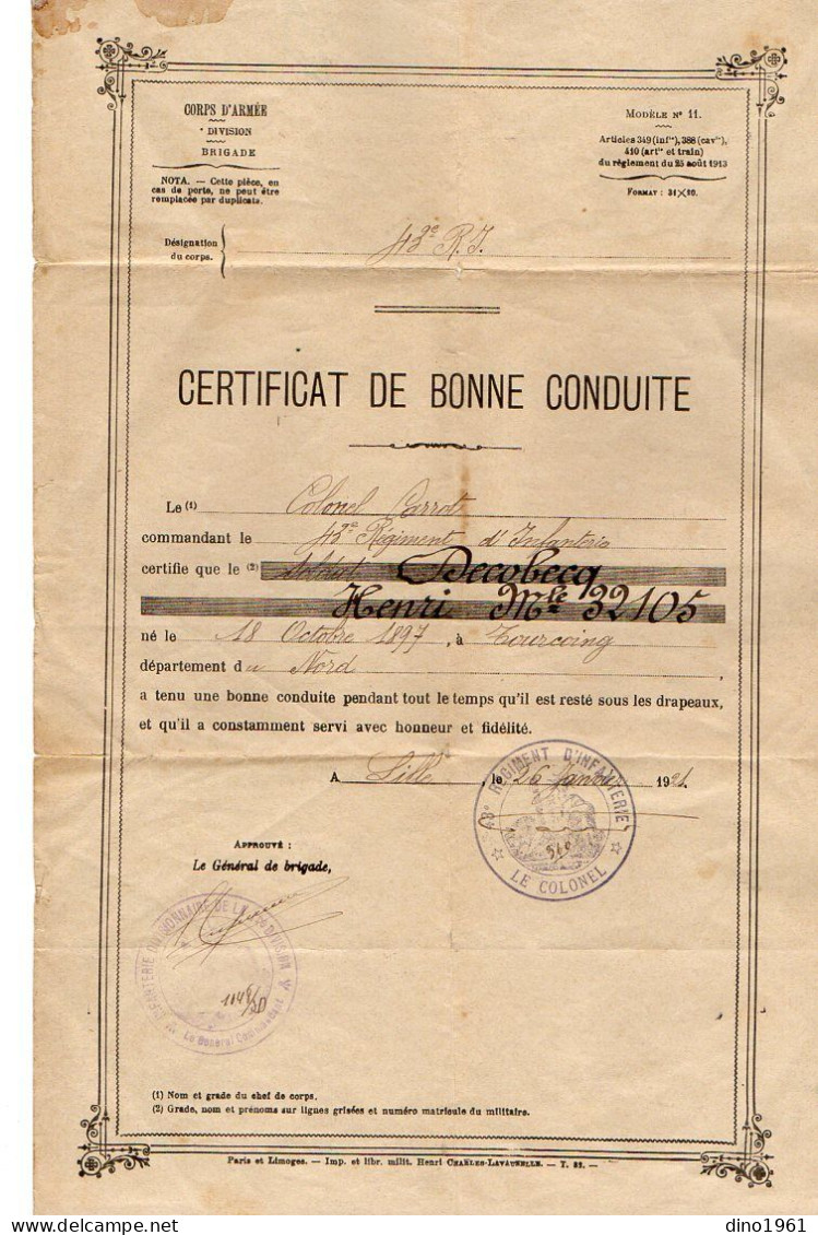 VP22.502 - MILITARIA - LILLE 1921 - Certificat De Bonne Conduite - Soldat Henri DECOBECQ, 43è Rgt D'Inf , Né à TOURCOING - Documentos