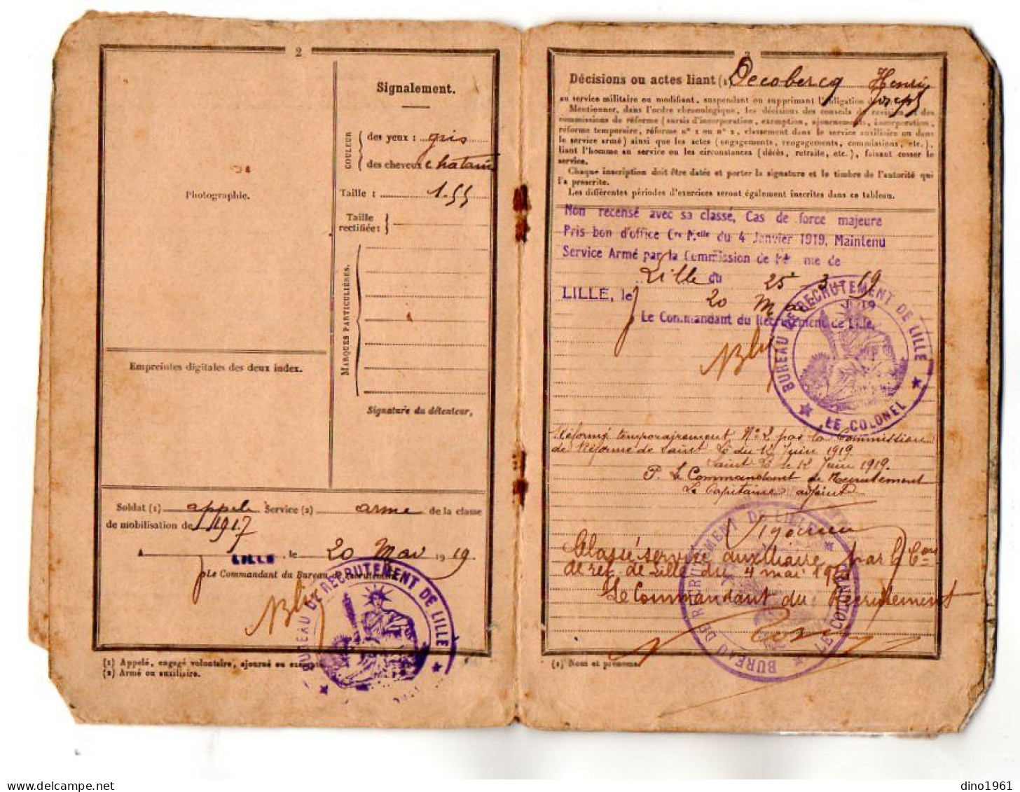 VP22.503 - MILITARIA - LILLE 1919 / 40 - Livret Militaire - Soldat Henri DECOBECQ, Né à TOURCOING, Domicilié à MOUVAUX - Dokumente