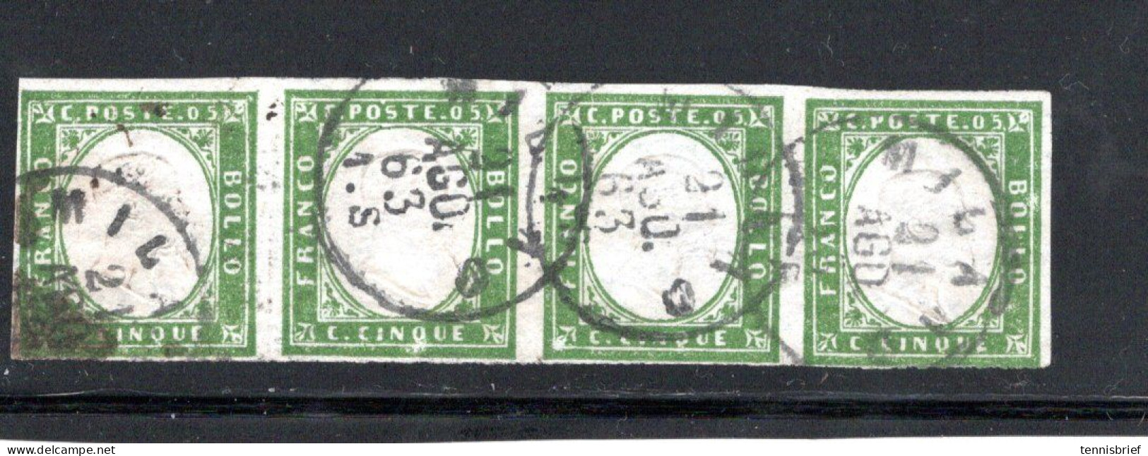 1863 , 5 C. Strip Of 4 ,nearly  Full Margins All Around, Good Condition , Michel € 1000,-  Sassone Nr. 13 E  #1411 - Sardegna