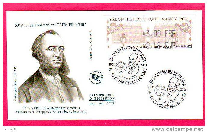 ENVELOPPE 50 ANS De L'Ob  1ER JOUR 23/03/01 AVEC VIGNETTE D'AFFRANC DU SALON DE NANCY - 1999-2009 Illustrated Franking Labels