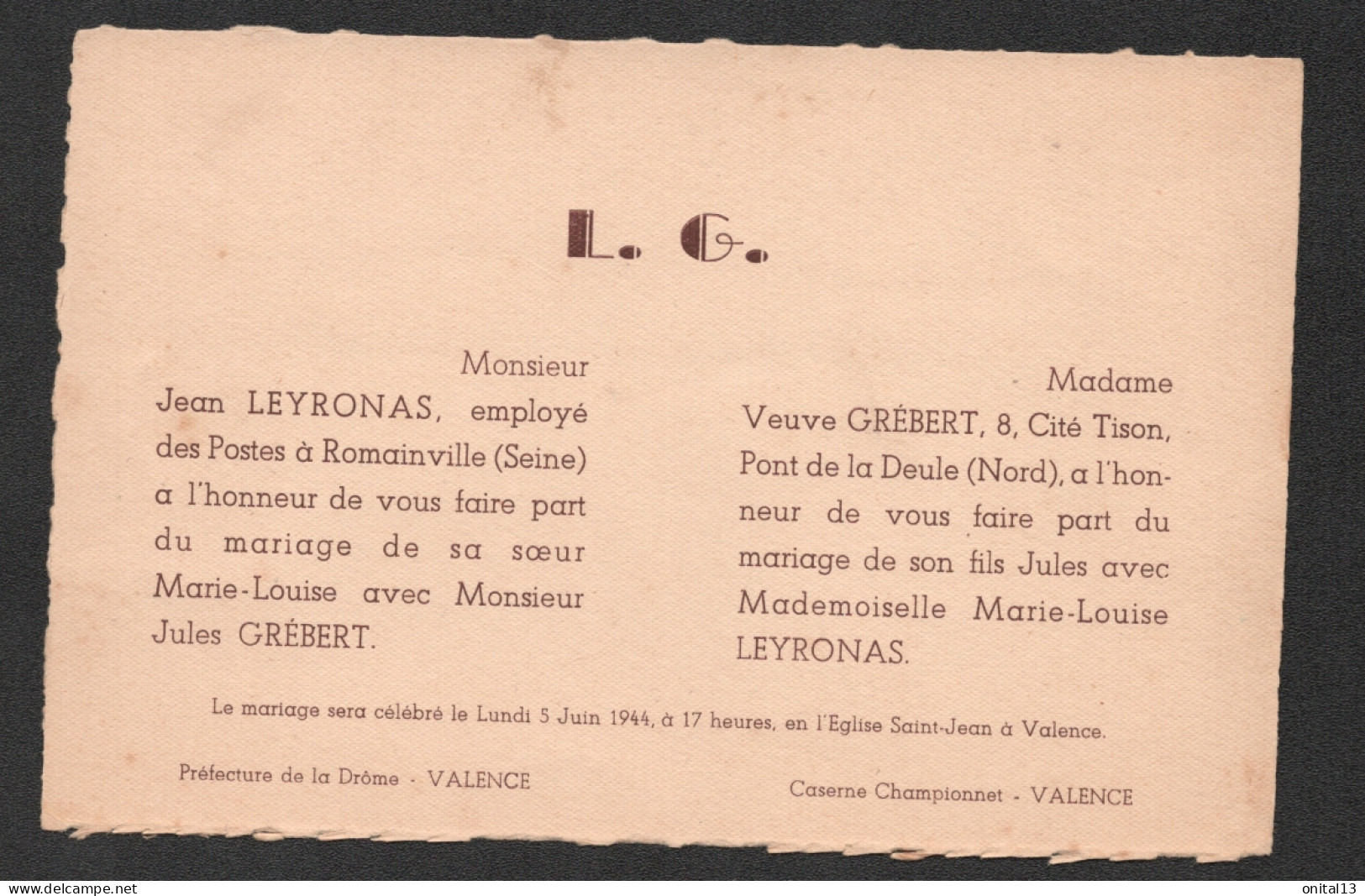 1944 MARIAGE EGLISE SAINT JEAN VALENCE / LEYRONAS GREBERT / CASERNE CHAMPIONNET  D3020 - Mariage