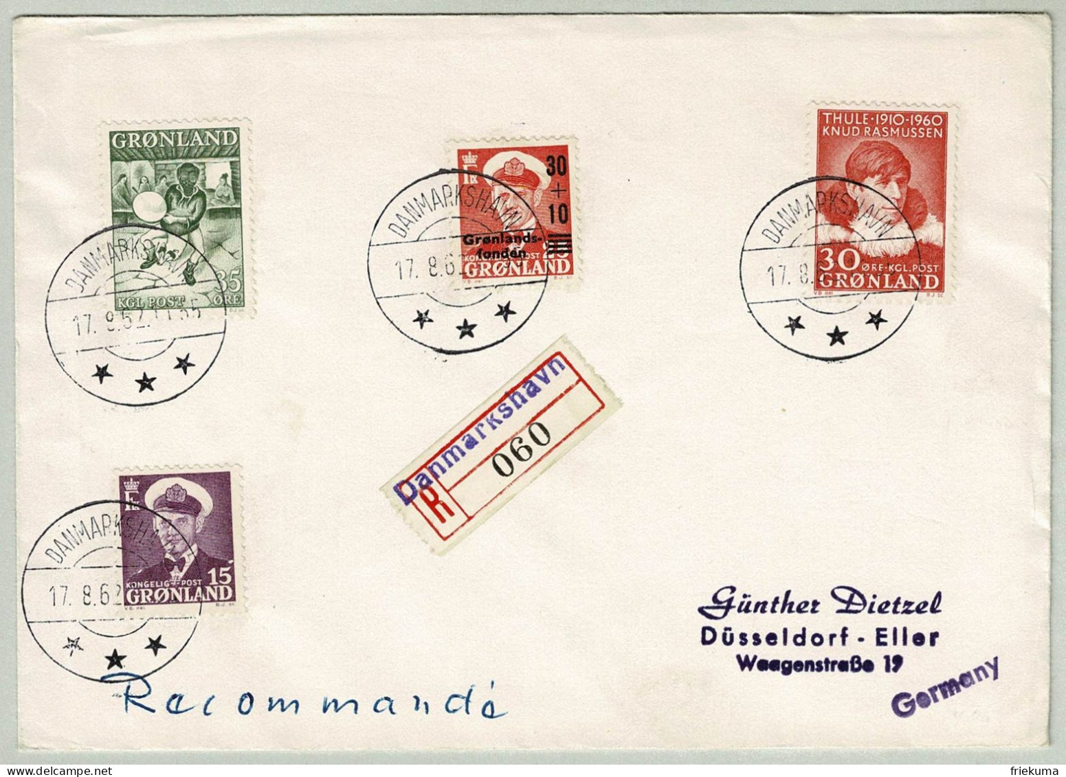 Grönland 1952, Brief Einschreiben Danmarkshavn - Düsseldorf (Deutschland) - Cartas & Documentos