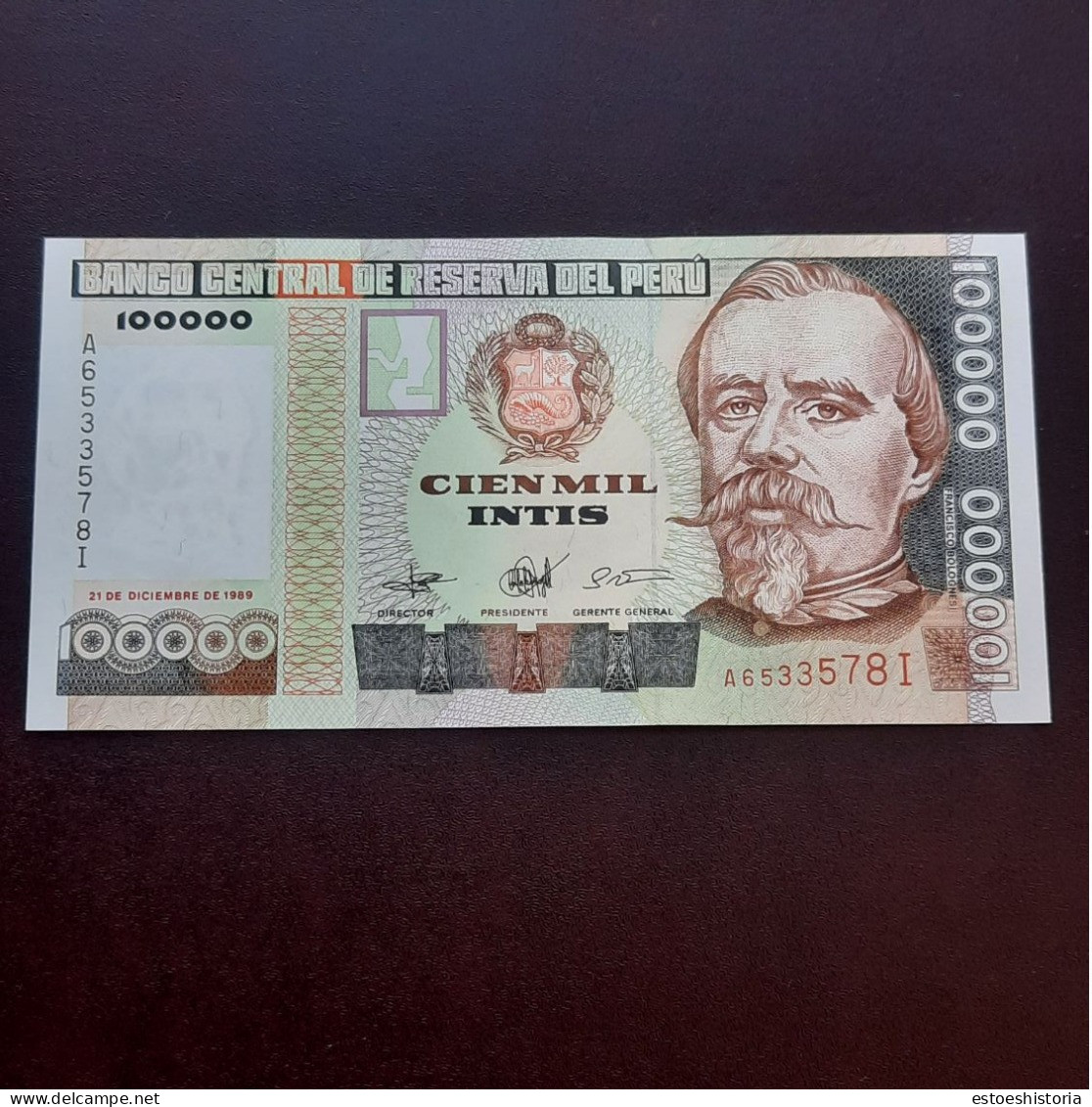 BILLETE DE 100000 INTIS DE PERU DEL AÑO 1989.S/C. - Pérou