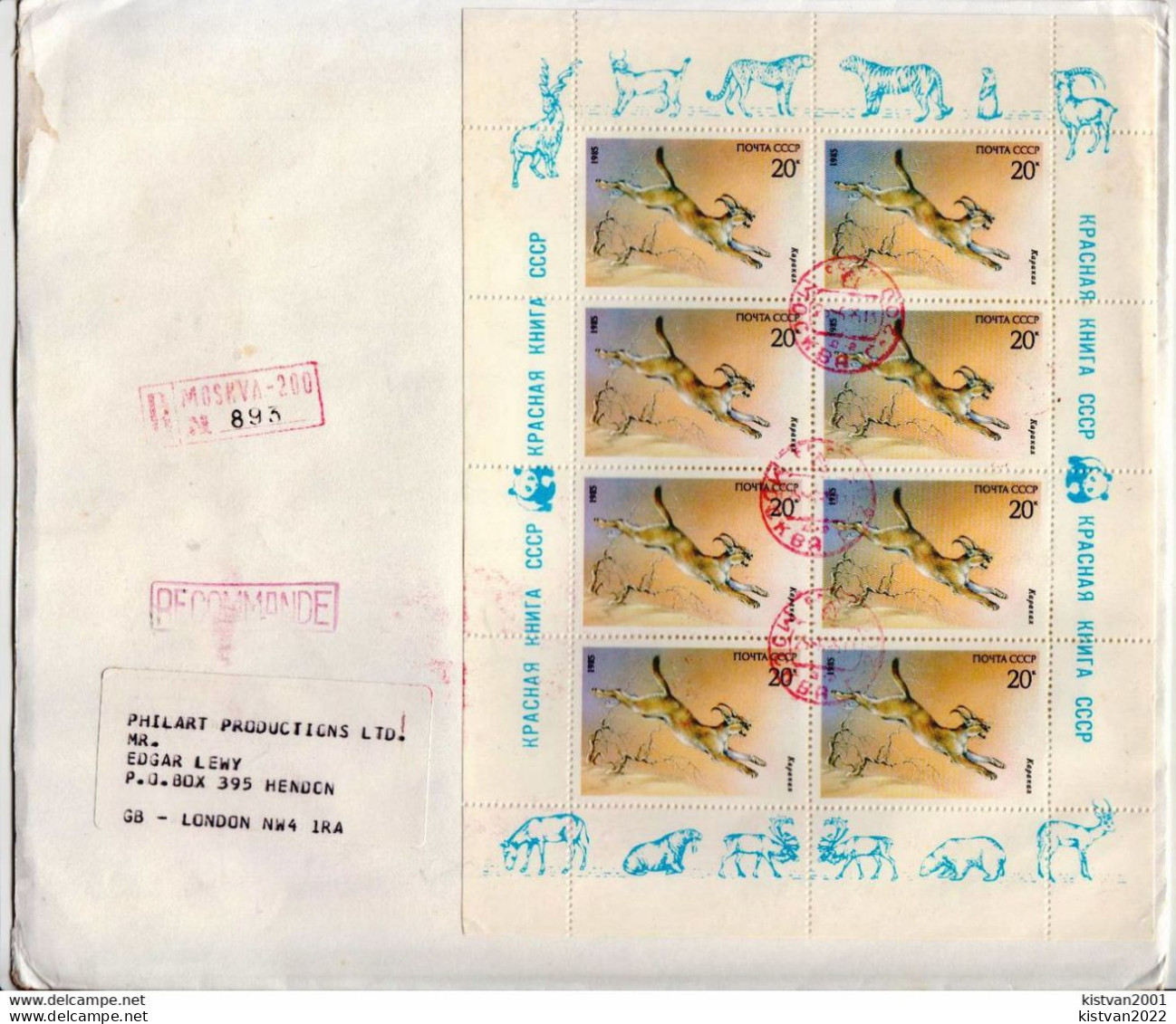 Postal History Cover: Soviet Union Sheetlet From 1985 On R Cover, WWF, Caracal - Briefe U. Dokumente