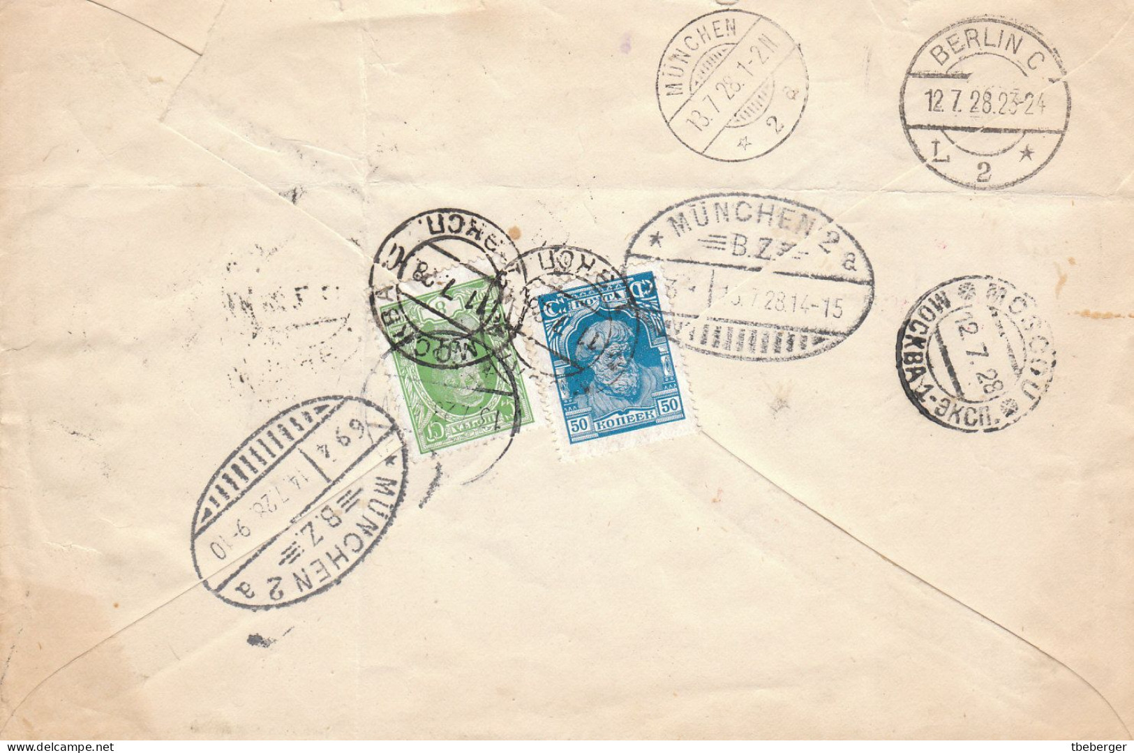 Russia USSR 1928 Registered Airmail Cover Moscow -> Berlin -> München, 'Forces Of The Revolution' Issue Stamps (x59) - Lettres & Documents