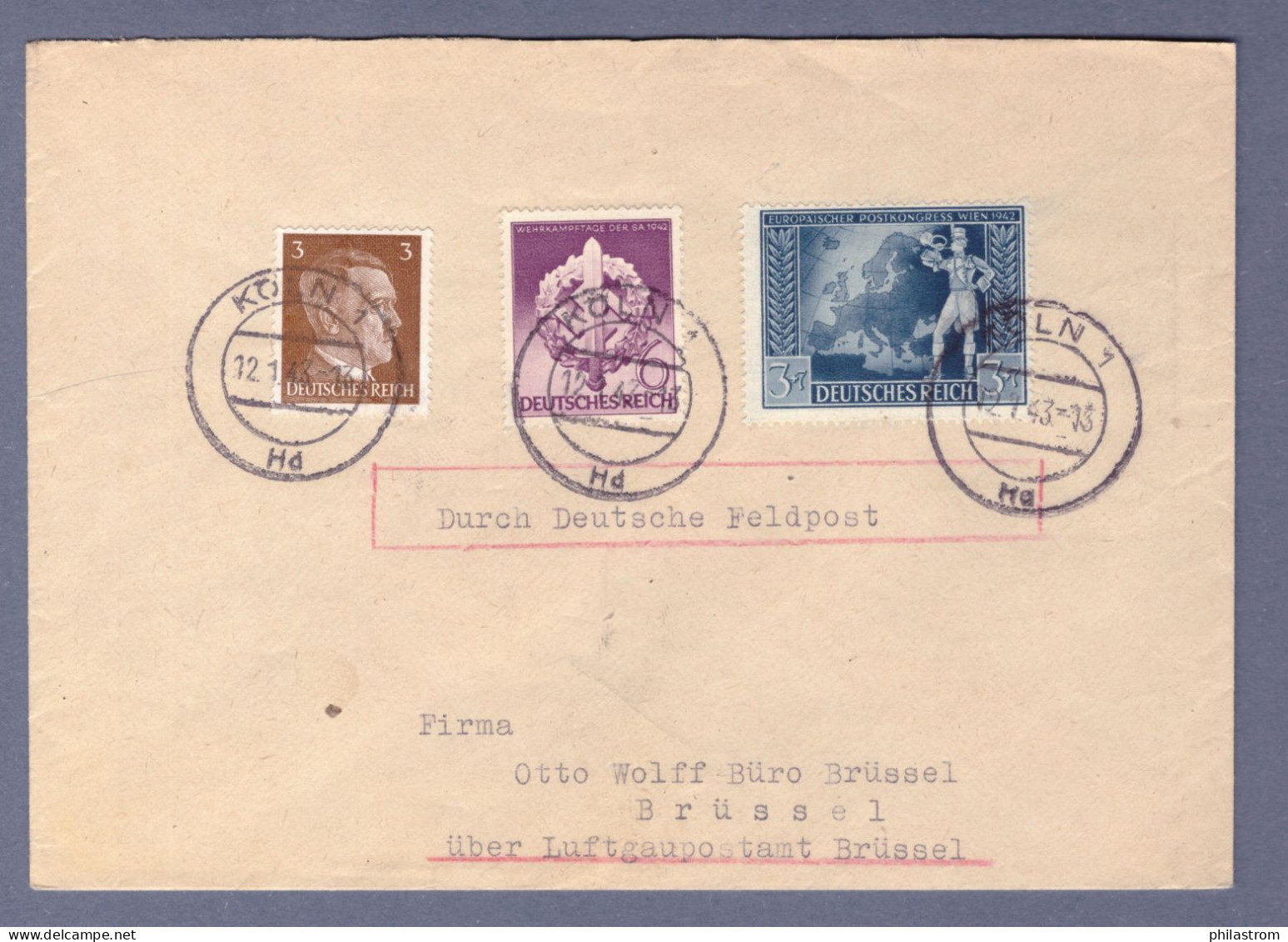 DR Brief Durch Deutsche Feldpost - Köln 12.1.43 --> Luftgaupostamt Brüssel   (2CTX-307) - Feldpost 2e Guerre Mondiale