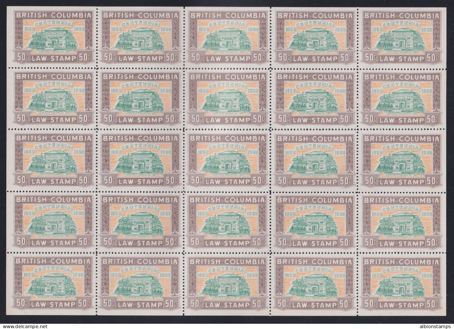 Canada Revenue (British Columbia), Van Dam BCL48, MNH Pane Of 25 - Fiscaux