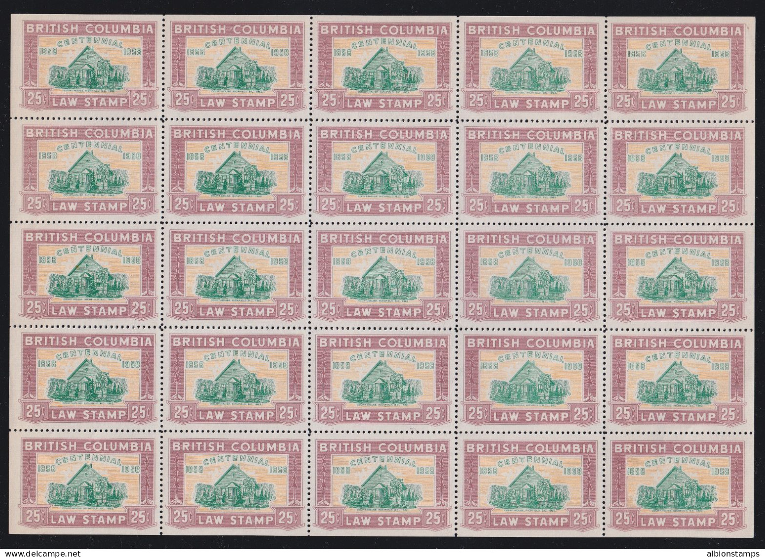 Canada Revenue (British Columbia), Van Dam BCL47-BCL47a, MNH Pane Of 25 - Fiscali