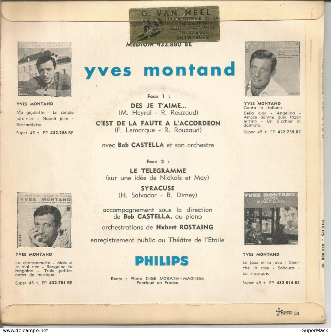 45T Yves Montand - Des Je T'aime - Philips - 432.88 BE -1963 - Collector's Editions