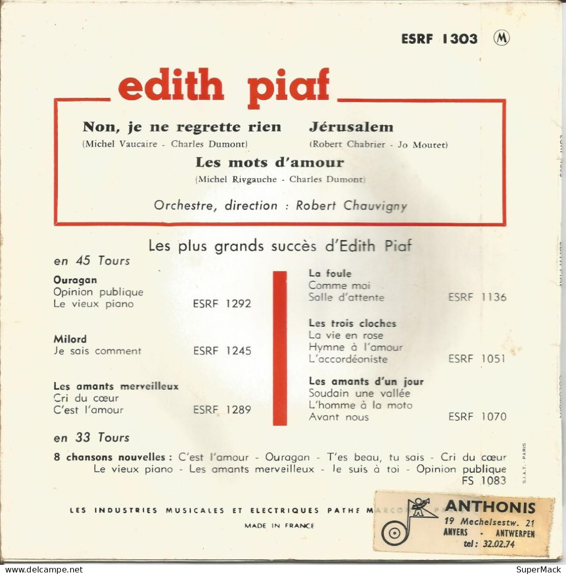 45T Edith Piaf - Non, Je Ne Regrette Rien - Columbia - ESRF 1303 - France - 1961 - Ediciones De Colección